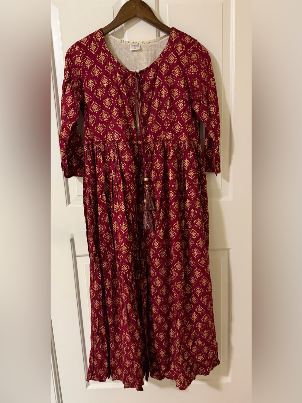 Burgundy Printed Midi Dress with Tassel Tie